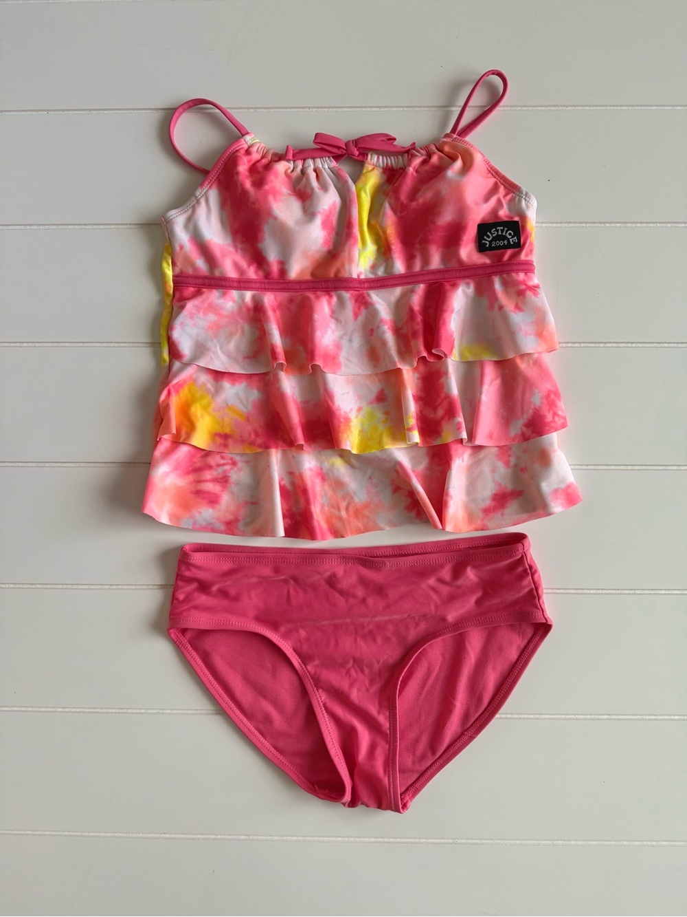 Justice Girls Pink & Yellow Tie-Dye Ruffle Tankini Set